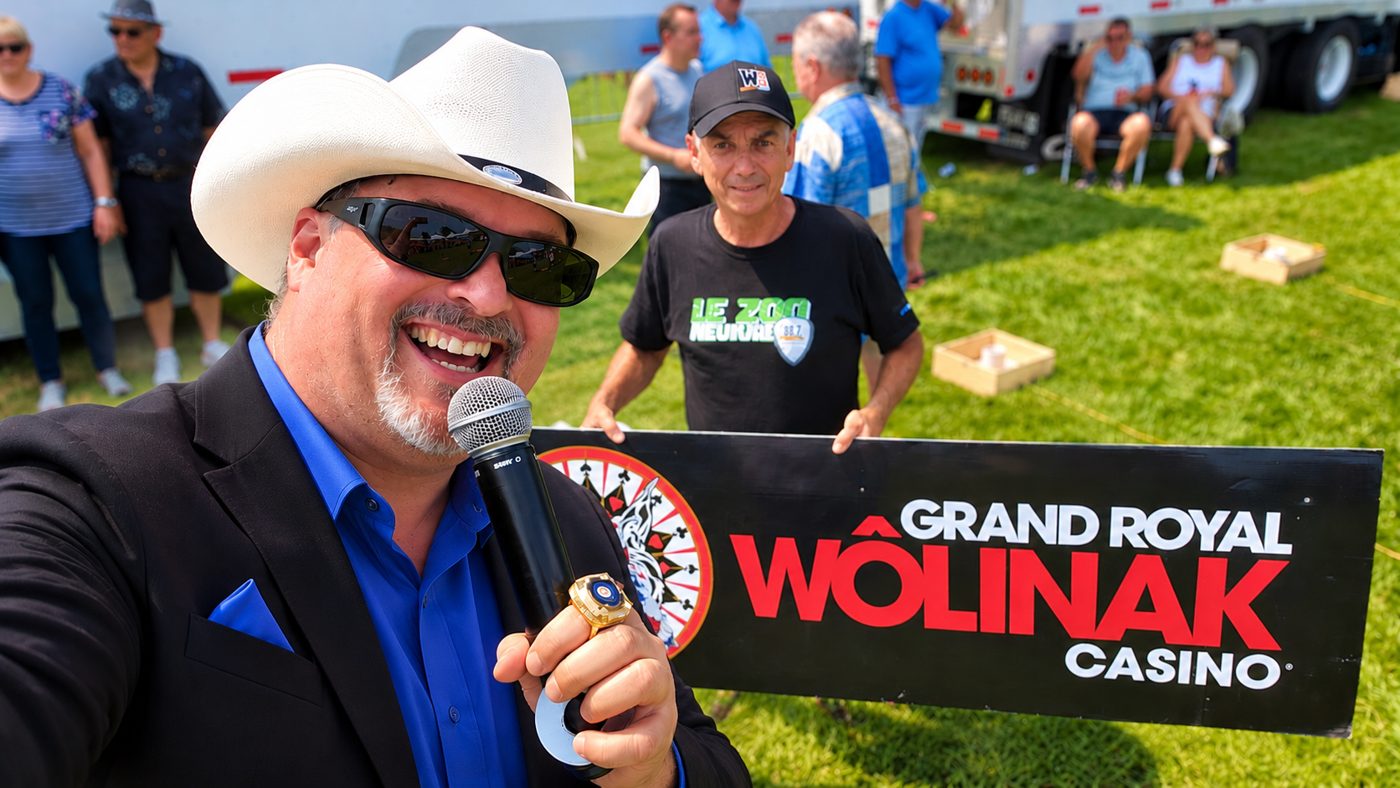 Carl Michaud on the microphone at an outdoor event