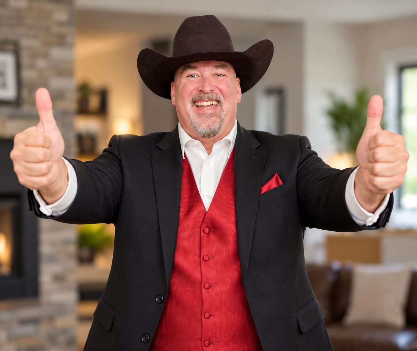 Carl Michaud smiling in a black hat and red vest, giving two thumbs up