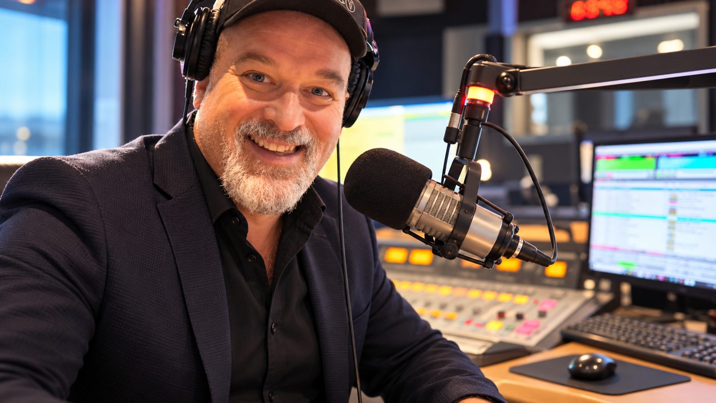 Carl Michaud in a radio studio with headphones and microphone
